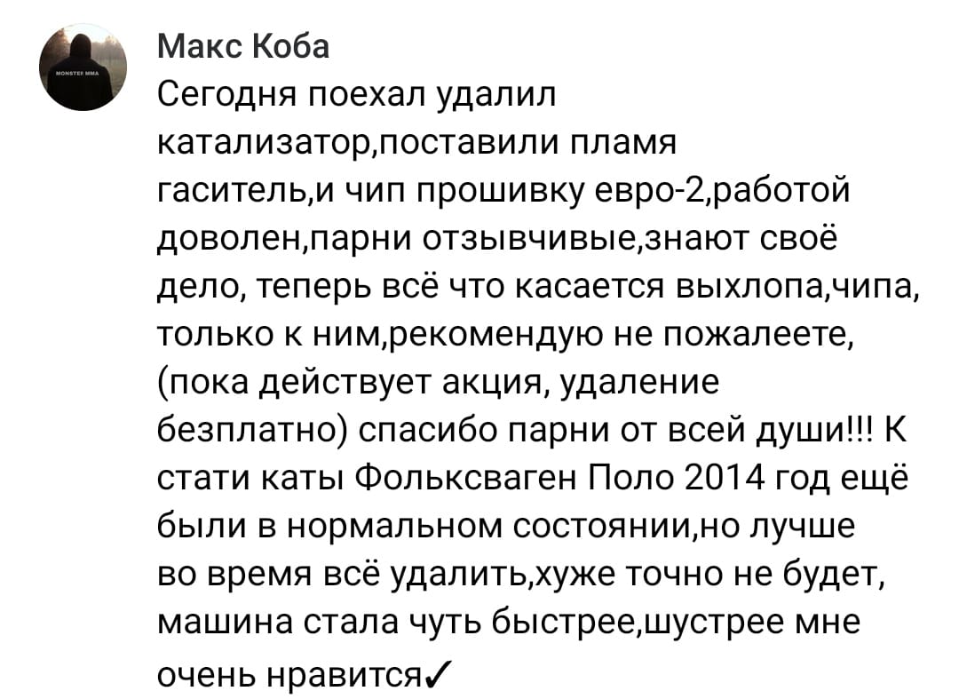 Положительный отзыв на услугу удаление катализаторов в Набережных Челнах